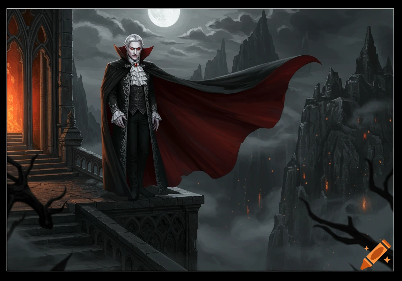 A white-haired vampire with glowing red eyes in a black and red cloak stands on a gothic balcony overlooking a misty, moonlit mountain range.
