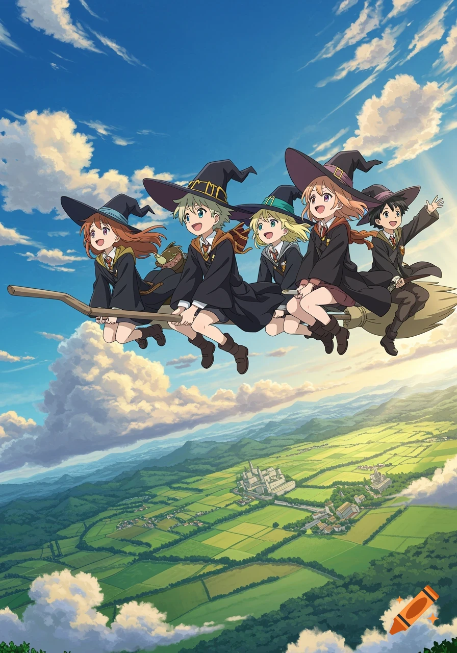 Five anime-style young witches and wizards fly on a broomstick under a blue sky over green fields and a castle.