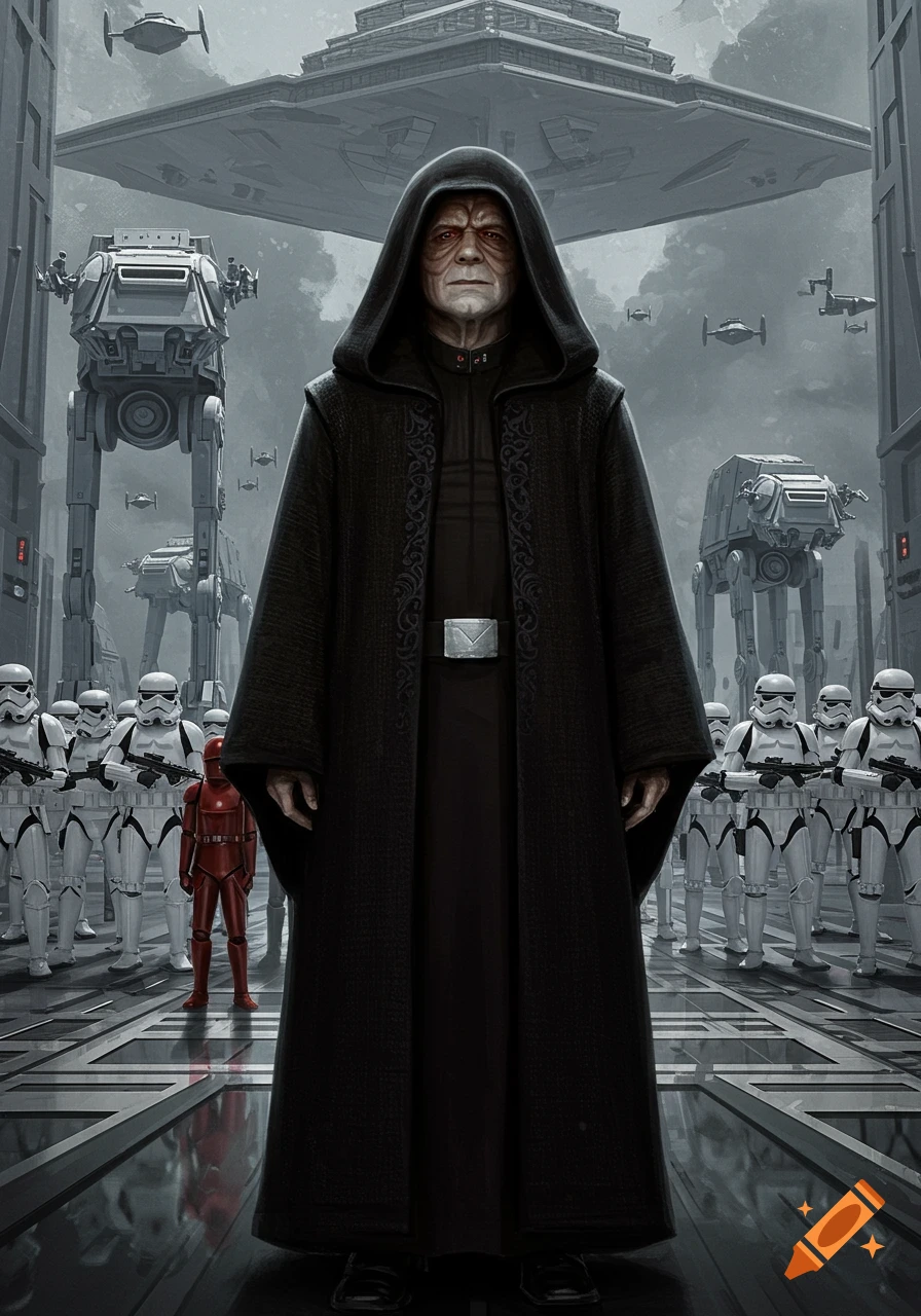 Emperor Palpatine, flanked by stormtroopers and AT-ATs, stands in a futuristic city with a Star Destroyer above.