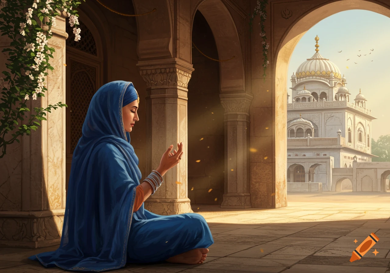A Sikh woman in a blue chunni meditating in a sunlit temple courtyard with a white gurdwara in the background.