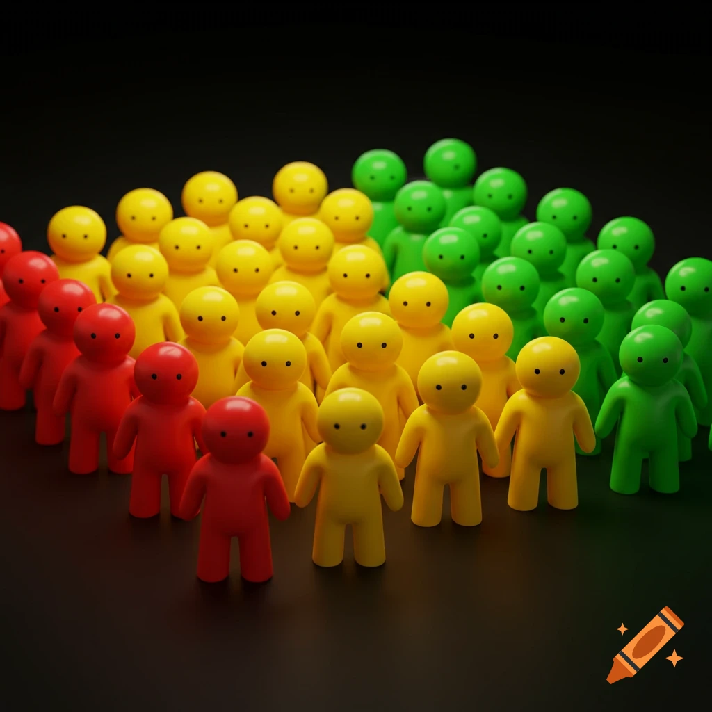 A large group of red, yellow, and green toy-like figures standing in rows on a dark background.
