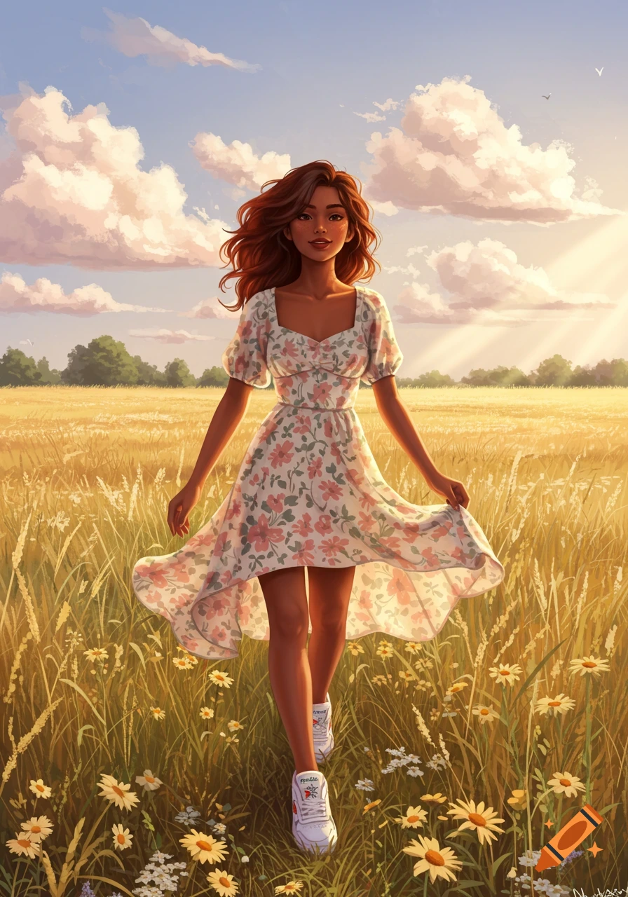 An illustrated woman with brown hair in a floral sundress and white sneakers walks through a sunlit field of tall grass and wildflowers.