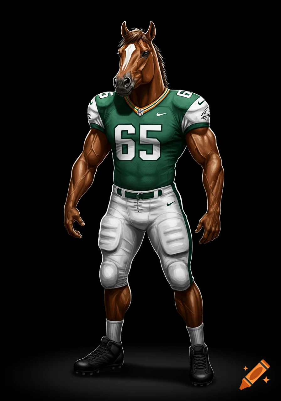 A muscular horse-headed football player in a green and white uniform with the number 65 and black cleats, standing on a black background.
