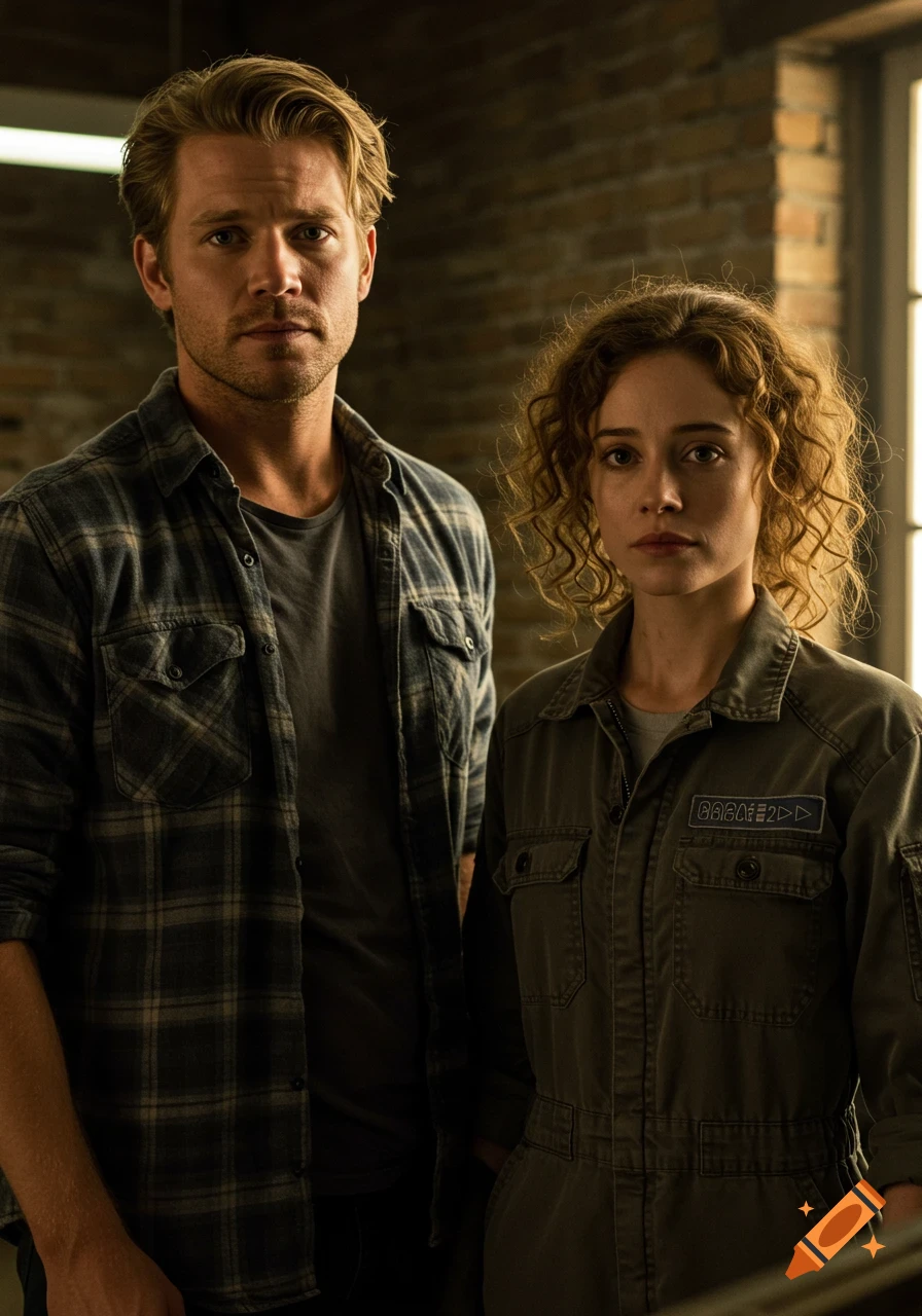 A serious-looking blonde man in a plaid shirt stands beside a curly-haired woman in an olive green jumpsuit, indoors with a brick wall background.