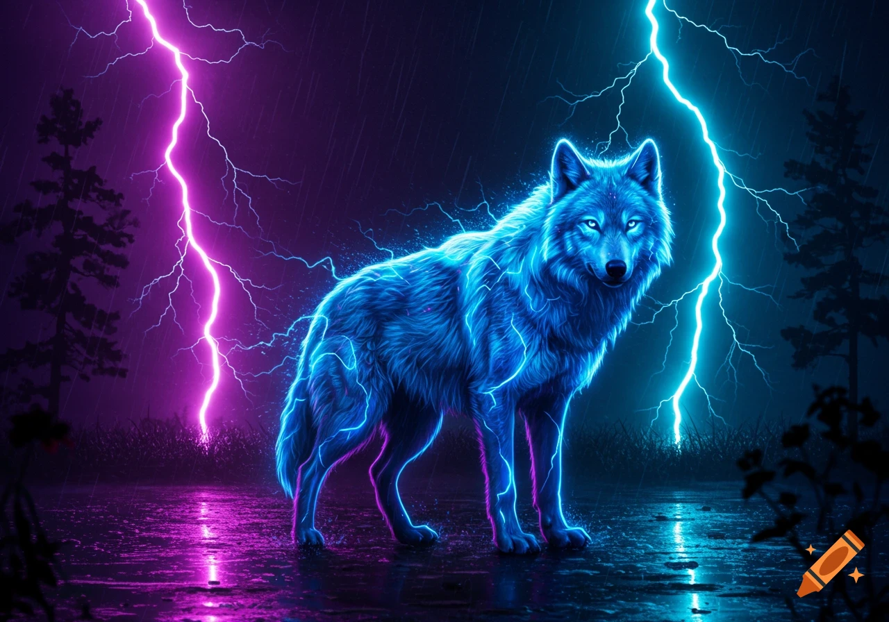 A vibrant blue electric wolf stands in the rain with glowing eyes, surrounded by pink and blue lightning in a dark, stormy forest.
