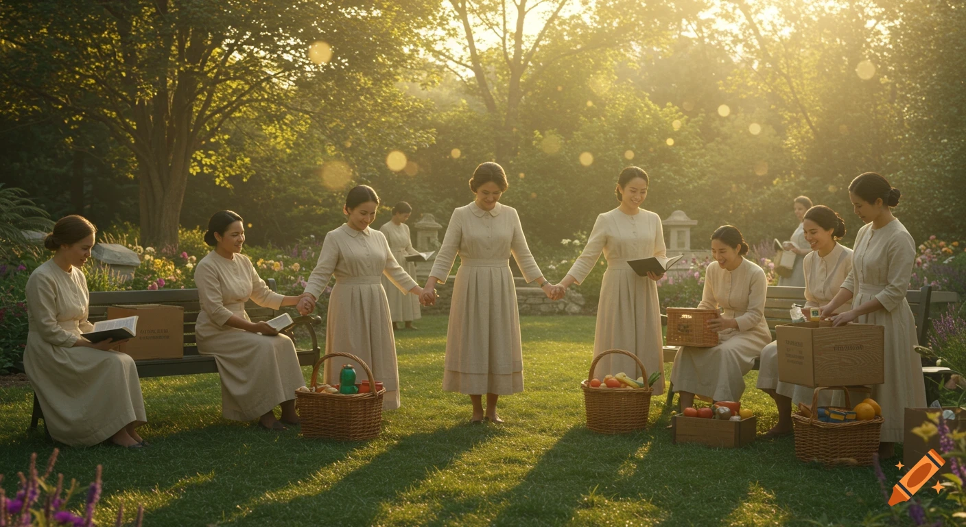 Group of women in modest dresses in a sunlit garden. Some hold hands in a circle, others read books, and some prepare food baskets.