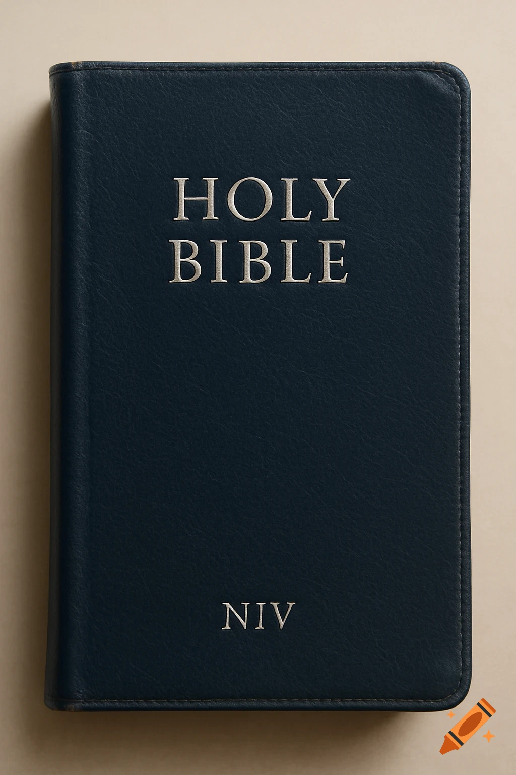 A dark blue leather-bound Holy Bible with 'HOLY BIBLE' and 'NIV' embossed in silver on the cover, photographed from above.