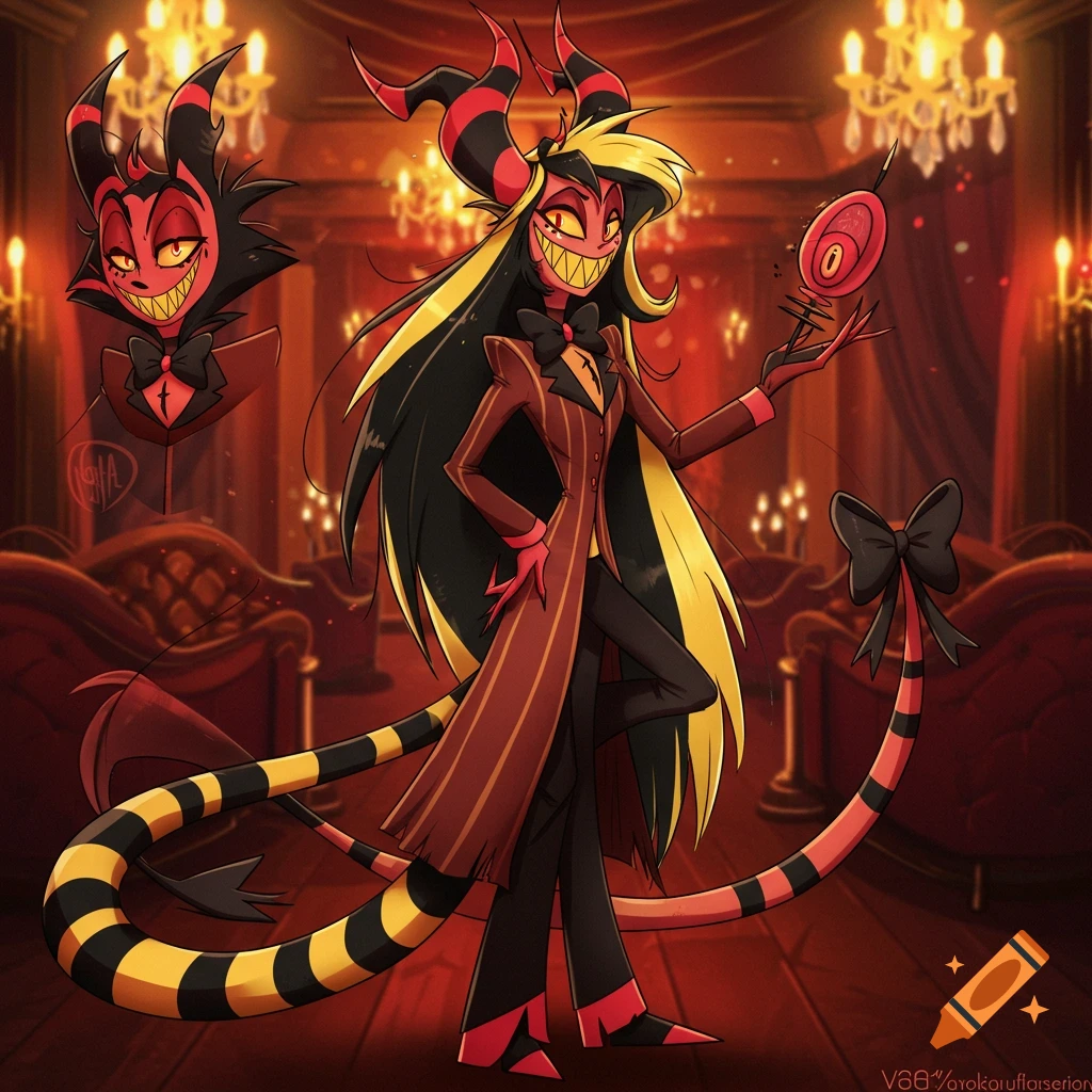 A Hazbin Hotel style demon character with black and yellow hair, red and black striped horns, sharp teeth, wearing a red pinstriped coat, holding an eye-like object, standing in a fancy red room with chandeliers.