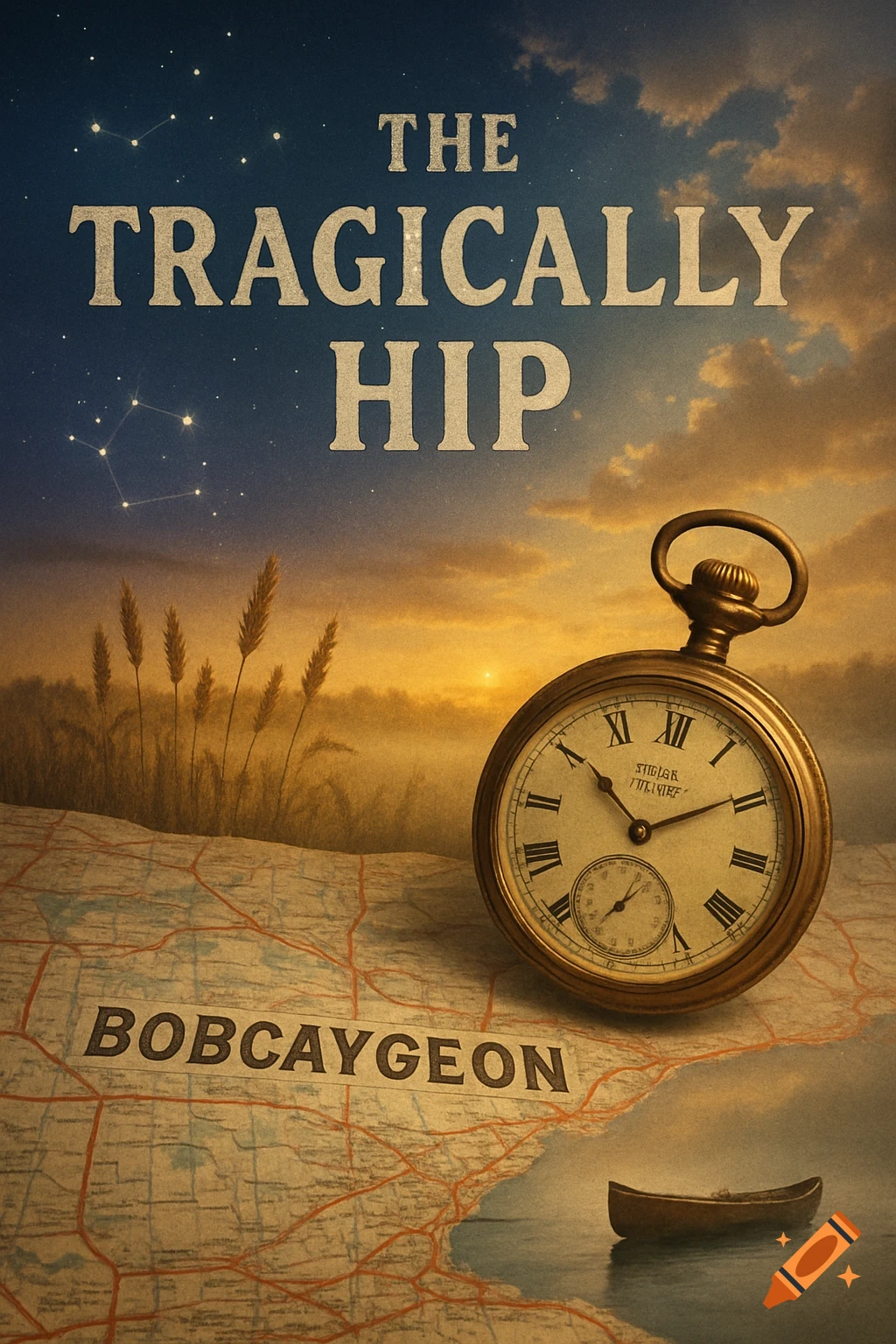 An artistic poster with a pocket watch on a map displaying "BOBCAYGEON", a small boat on water, wheat, and a starry night sky with "THE TRAGICALLY HIP" text. Sunset hues on the horizon.