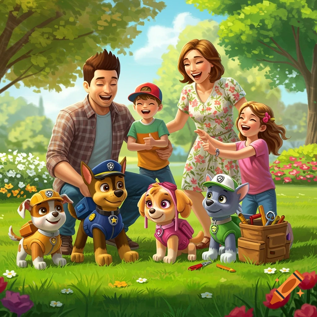 A cartoon illustration of a smiling family of four and three Paw Patrol-like puppies playing in a sunny park.