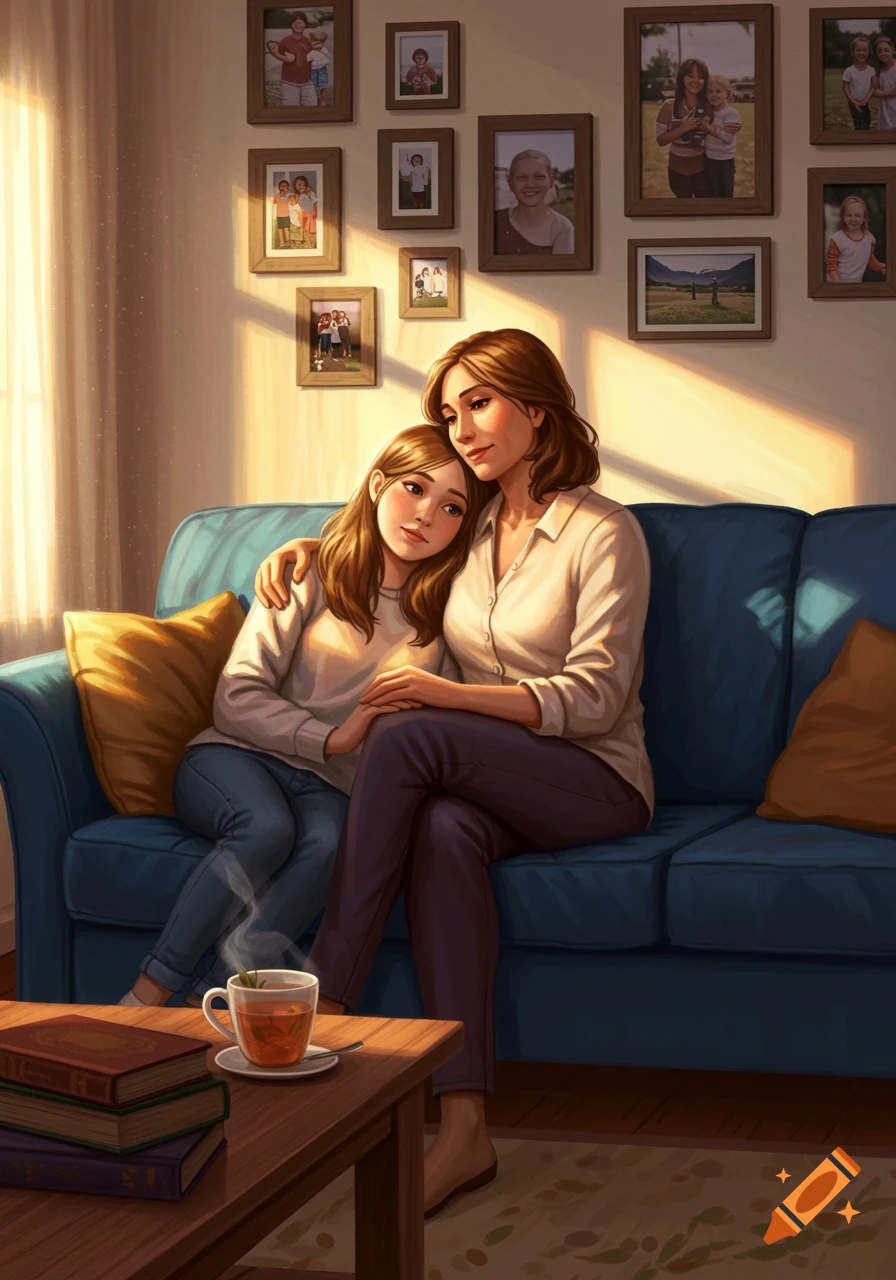 A mother and her teenage daughter sit embracing on a blue couch in a warm, sunlit room, surrounded by framed family photos.