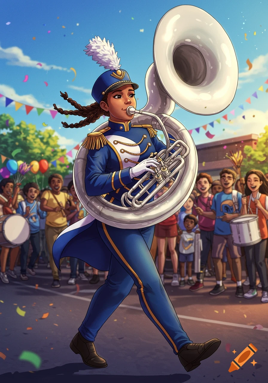 A stylized illustration of a female musician in a blue uniform playing a tuba while marching in a sunny parade with a cheering crowd.