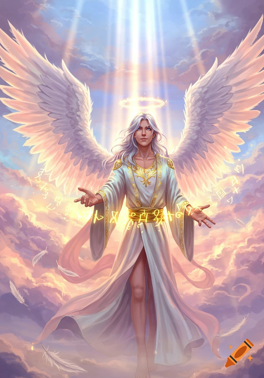 Anime-style angel with white hair, wings, and halo in a white and gold robe, standing in clouds with glowing symbols and divine light.