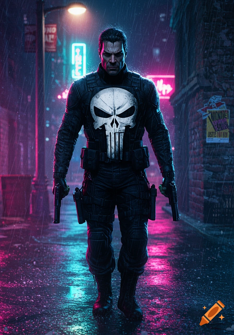 The Punisher in a dark, rainy alley, illuminated by neon lights. He wears a black tactical suit with a white skull logo and holds two pistols.