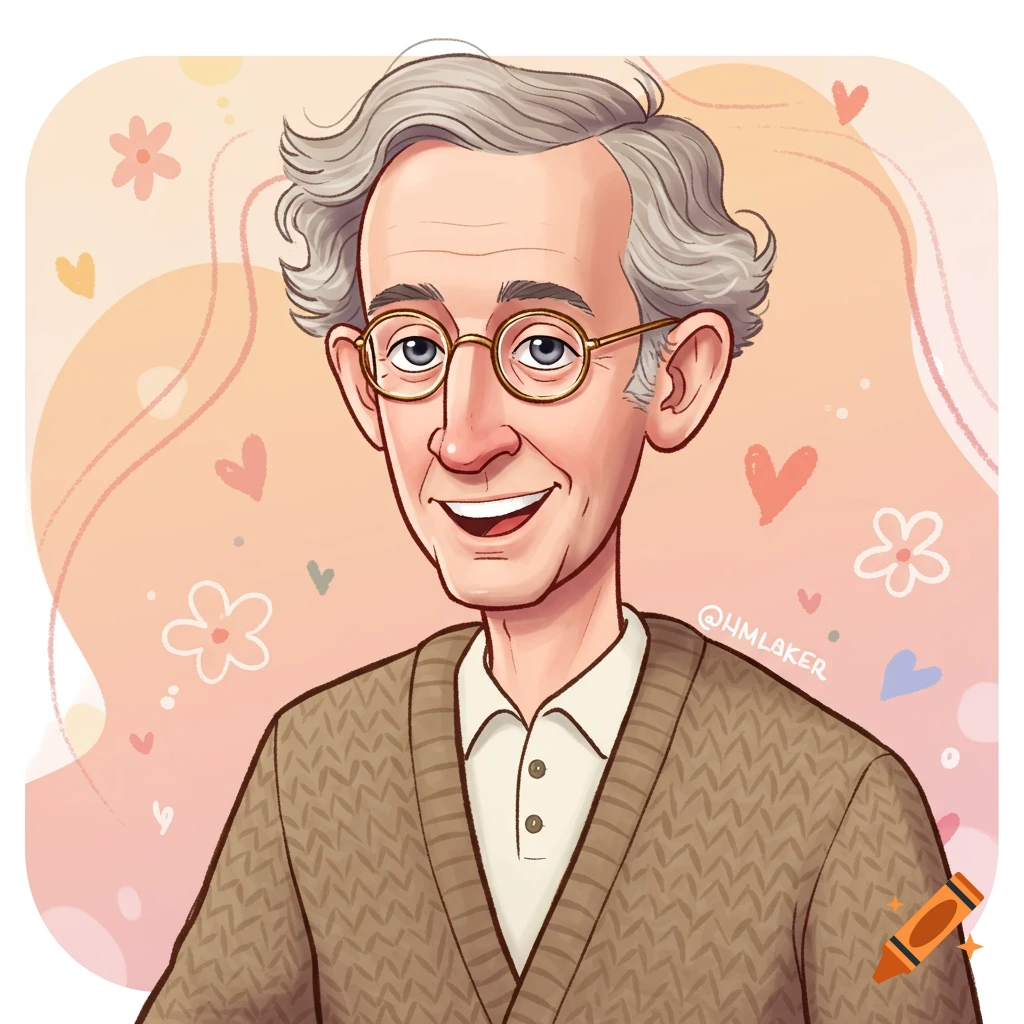 A friendly cartoon portrait of an older man with gray hair, glasses, and a brown cardigan, smiling against a pastel background with hearts and flowers.