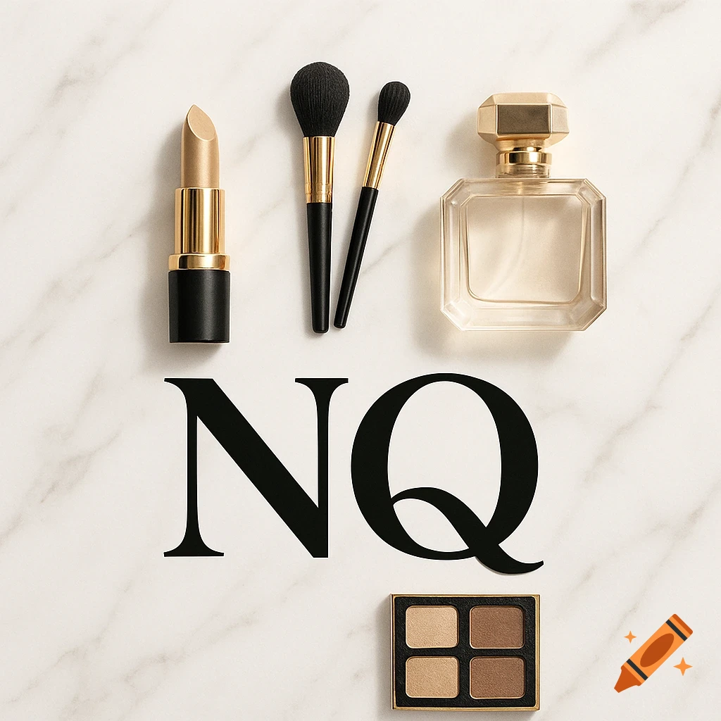 Luxury flat lay of golden lipstick, makeup brushes, perfume, eyeshadow palette, and the text 'NQ' on a white marble background.