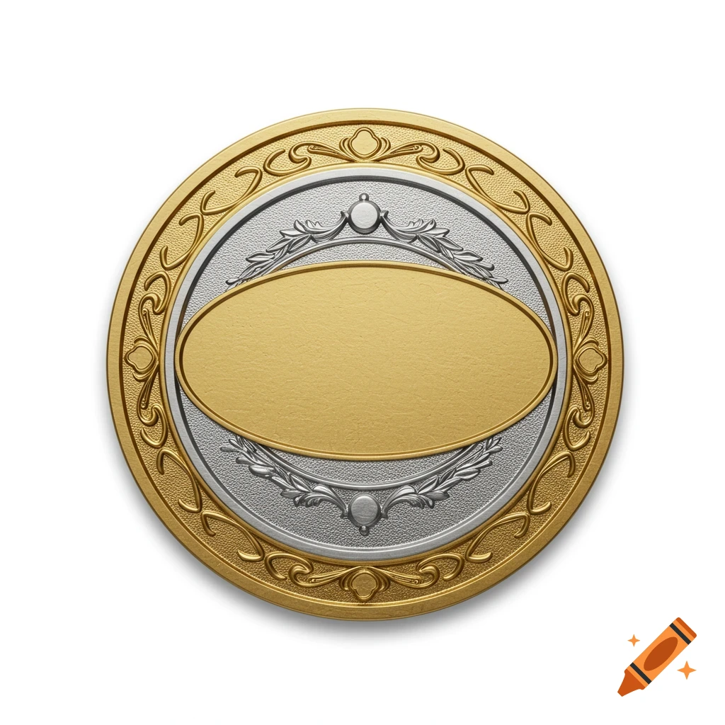 An ornate gold and silver medal with a blank oval in the center, isolated on a white background.