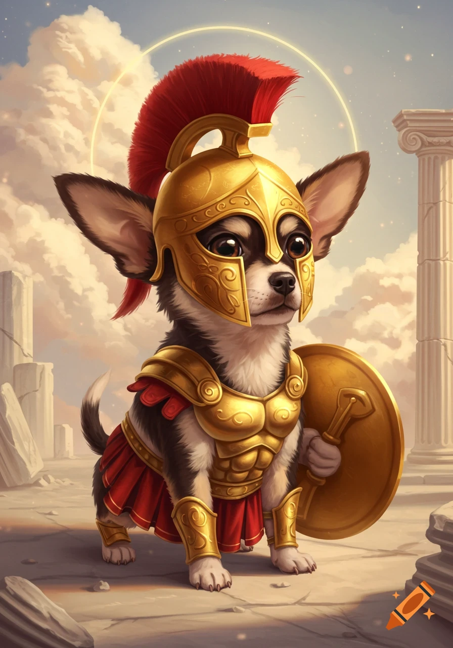 A cute chihuahua puppy dressed in golden Roman warrior armor and helmet, holding a shield, standing among ancient ruins.