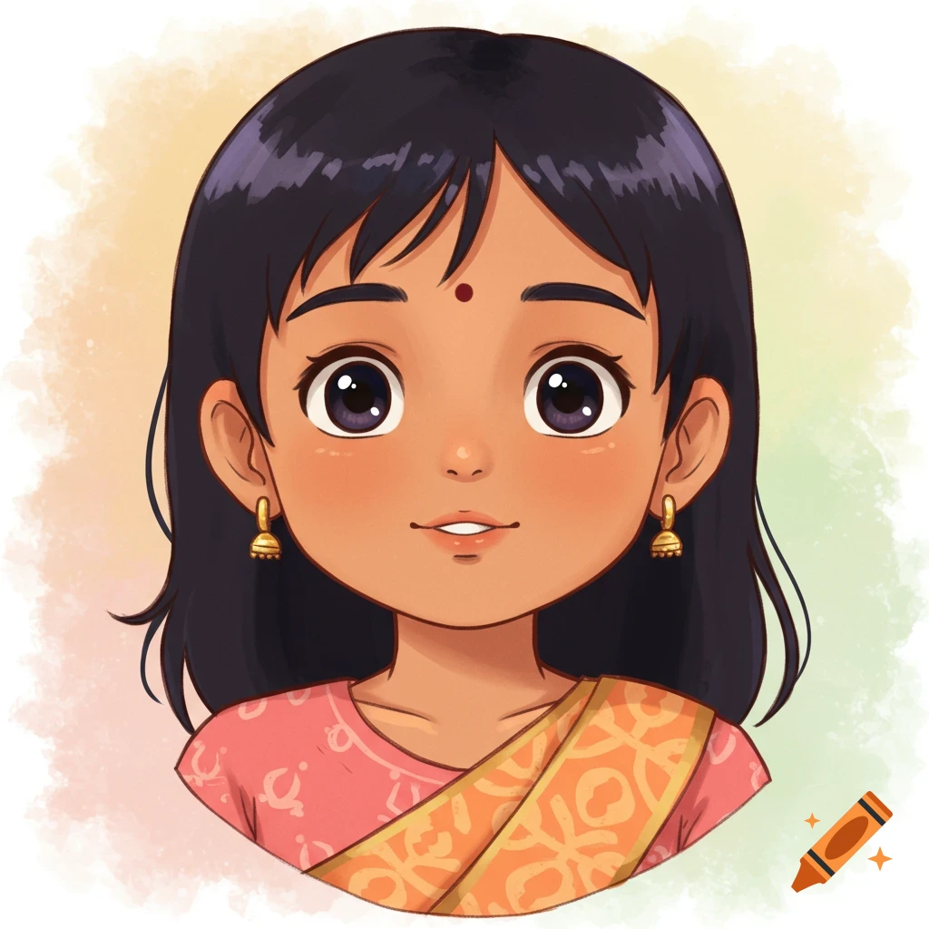 Ghibli style headshot of an Indian girl with dark hair, a bindi, and traditional clothing, smiling softly.