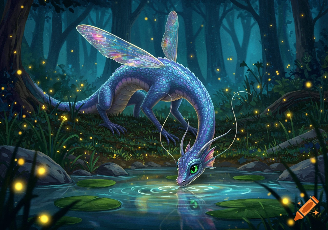 A vibrant blue dragon with iridescent fairy wings drinks from a pond in a dark, magical forest lit by fireflies.