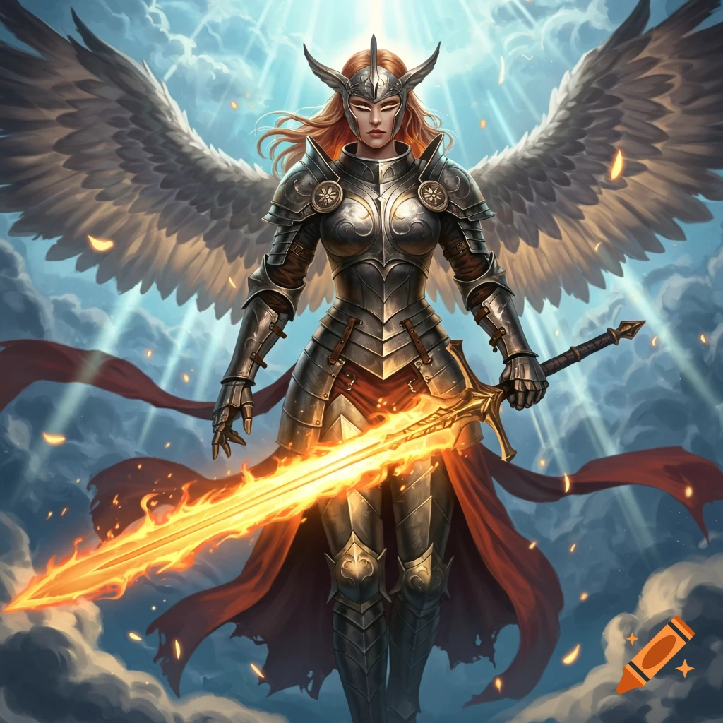 Illustration of a female warrior angel in full plate armor with wings, holding a flaming sword in the clouds.