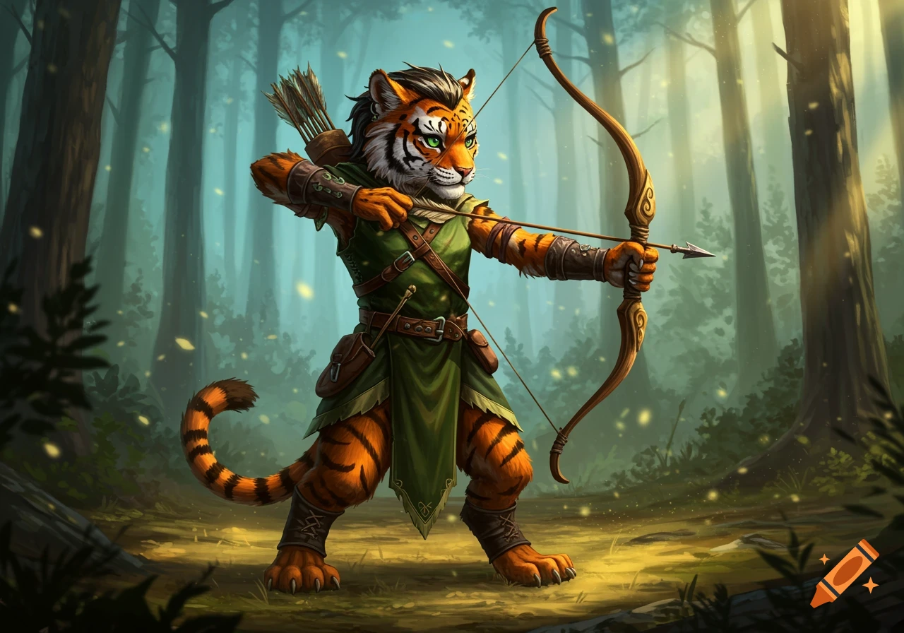 An anthropomorphic tiger archer, dressed in green and brown, draws a bow and arrow in an enchanted forest, detailed digital painting.