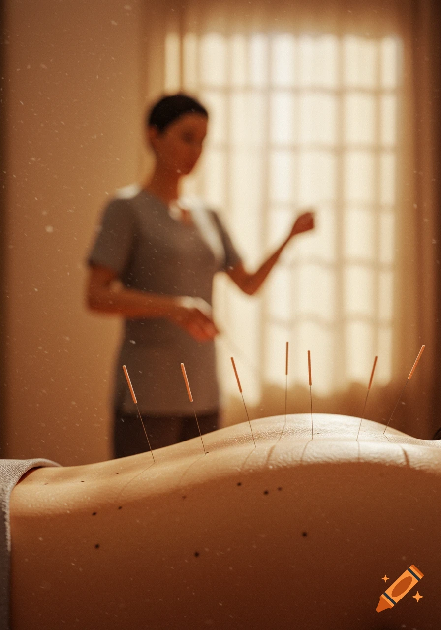 Close-up of a person's back with acupuncture needles, a blurred practitioner stands in the background.