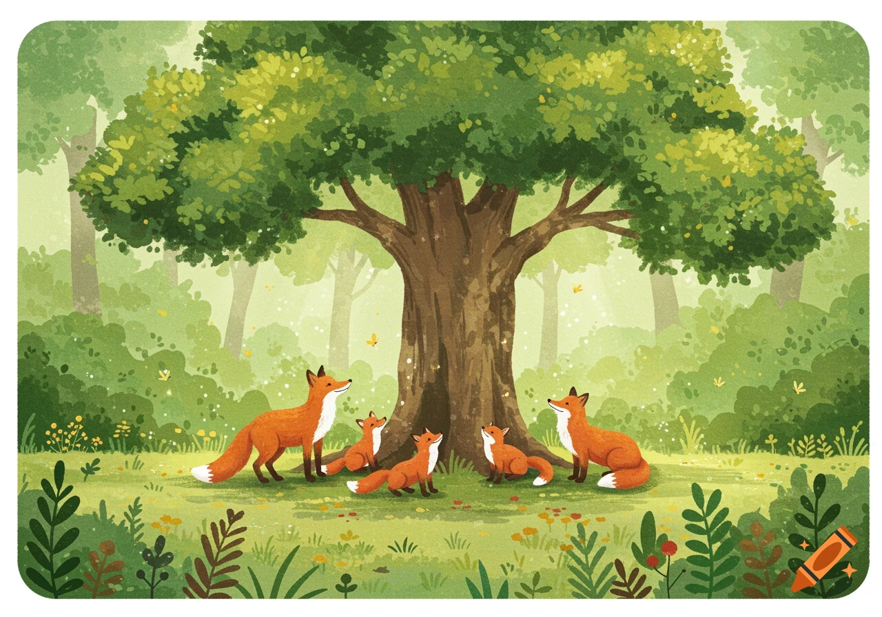 Children's book illustration of a family of foxes under a large oak tree in a lush green forest, watercolor style.