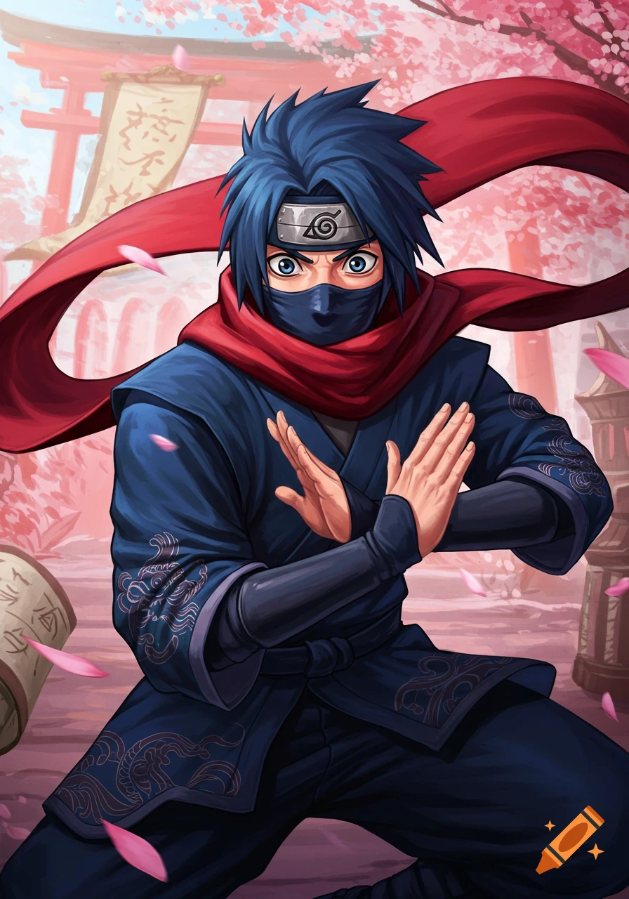 A blue-haired anime ninja with a red scarf and mask poses with crossed hands in a cherry blossom garden with a torii gate.