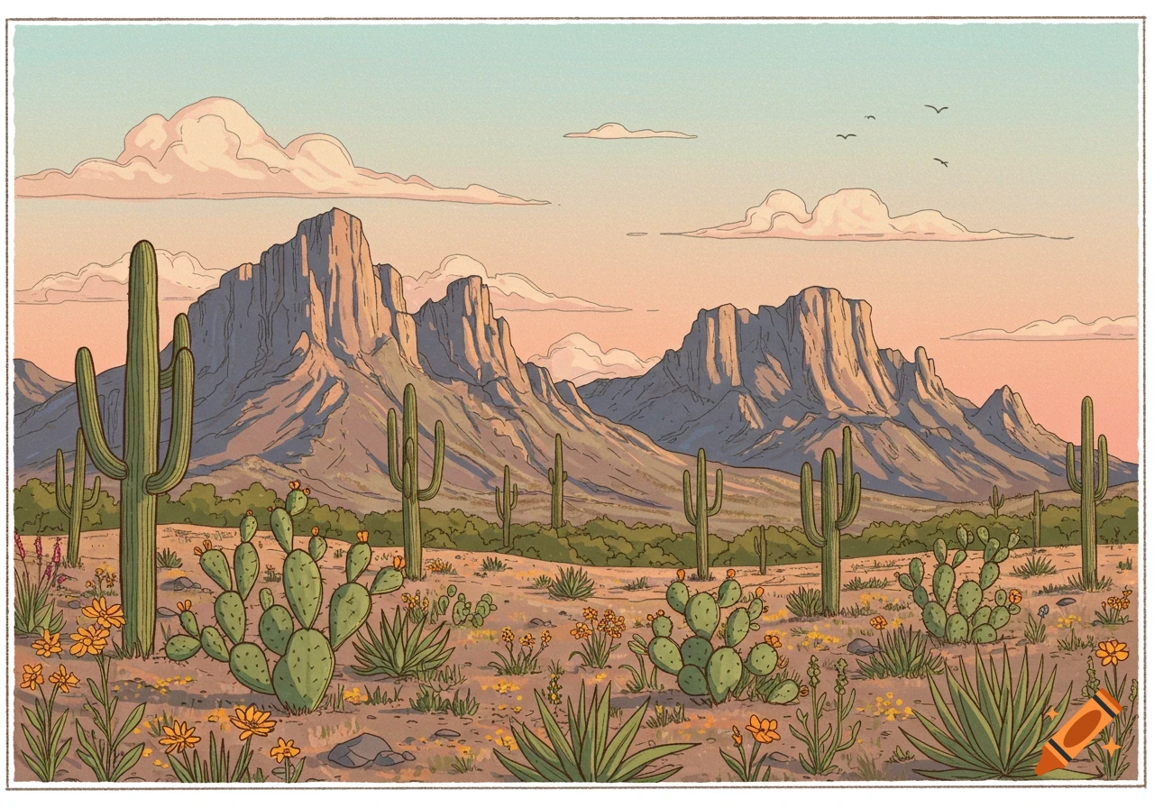Hand-drawn desert landscape with mountains, saguaro, and prickly pear cacti under a pastel sky.