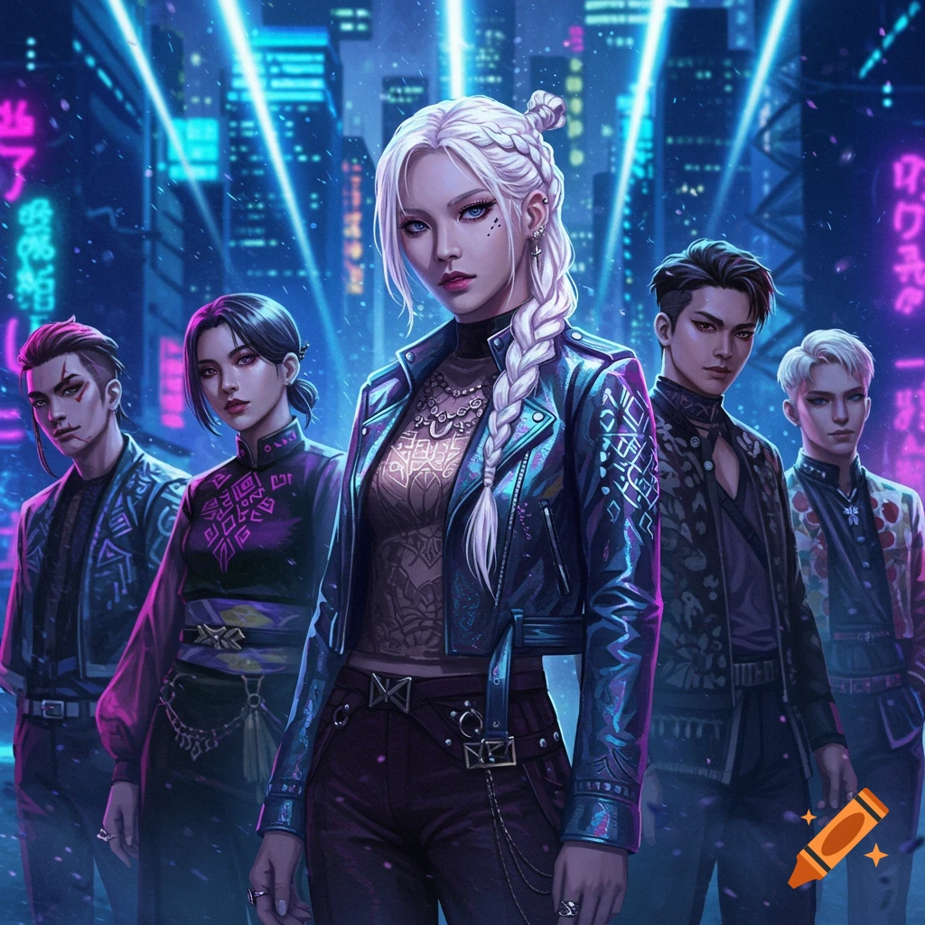 A K-pop inspired group of five people, led by a woman with white braided hair in a leather jacket, stand in a neon-lit cyberpunk city.