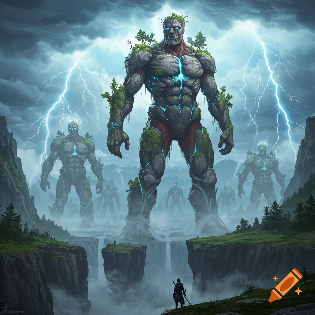 Giant rock and moss titans stand in a stormy, mountainous landscape with lightning, observed by tiny figures below.