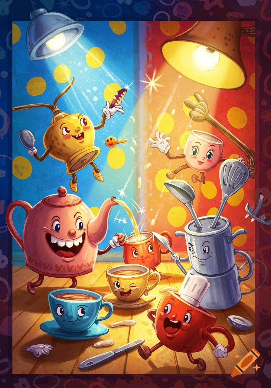 Vibrant whimsical cartoon illustration of anthropomorphic teapots, cups, and kitchen utensils dancing and interacting in a colorful kitchen.