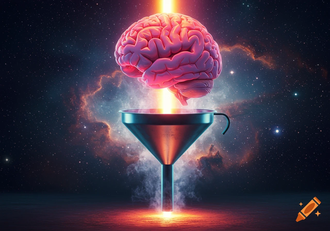 A glowing pink brain hovers above a metal funnel, connected by an orange light beam, against a cosmic starry nebula background.