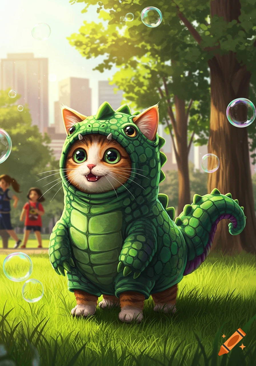 A cute illustrated ginger and white cat wearing a green dinosaur costume stands in a sunny park with bubbles floating around.