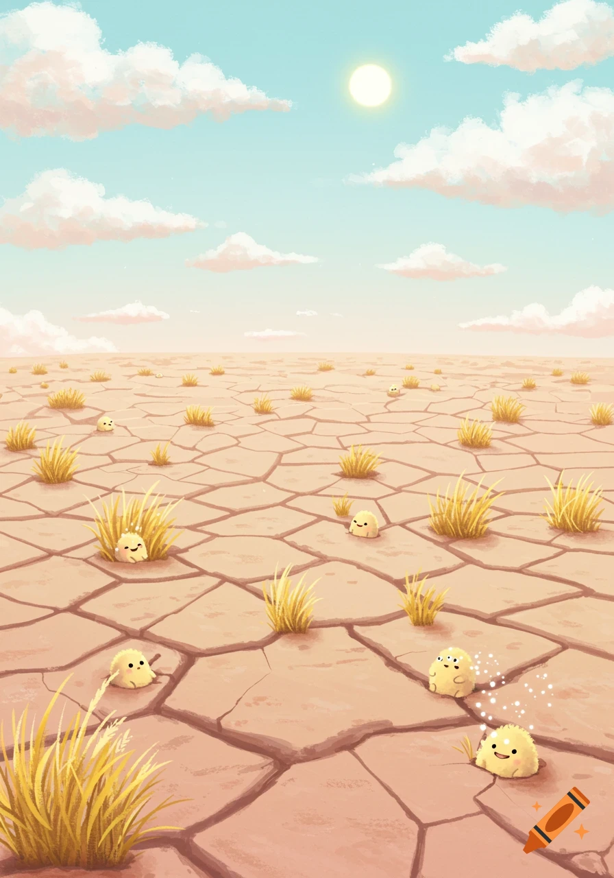 Cute, smiling fuzzy creatures in a cracked desert landscape with sparse grass under a sunny, cloudy sky in a children's book style.