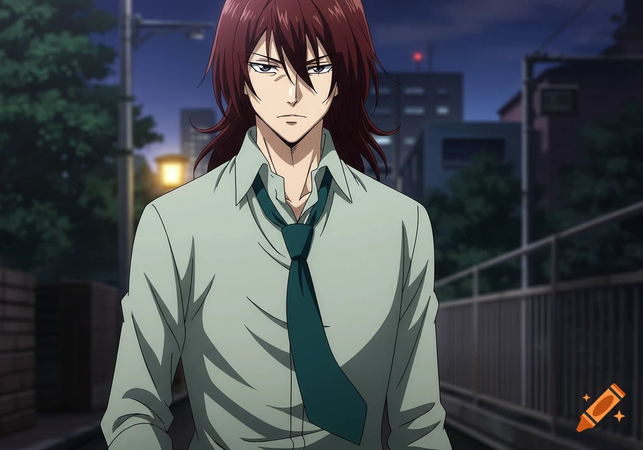 An anime male character with long red-brown hair and grey eyes wears a pale green shirt and dark teal tie, walking outdoors at night.