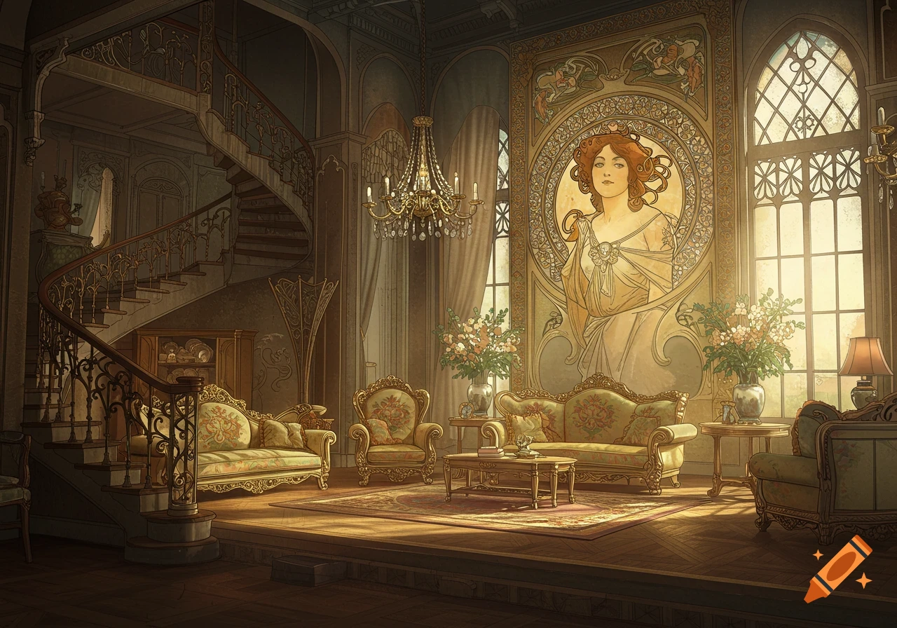 Ornate Edwardian drawing-room with a grand spiral staircase, gilded furniture, and a large Art Nouveau portrait of a woman.