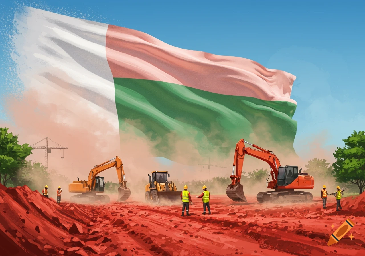 Illustration of a construction site with heavy machinery and workers on red earth, beneath a large, waving flag of Madagascar.