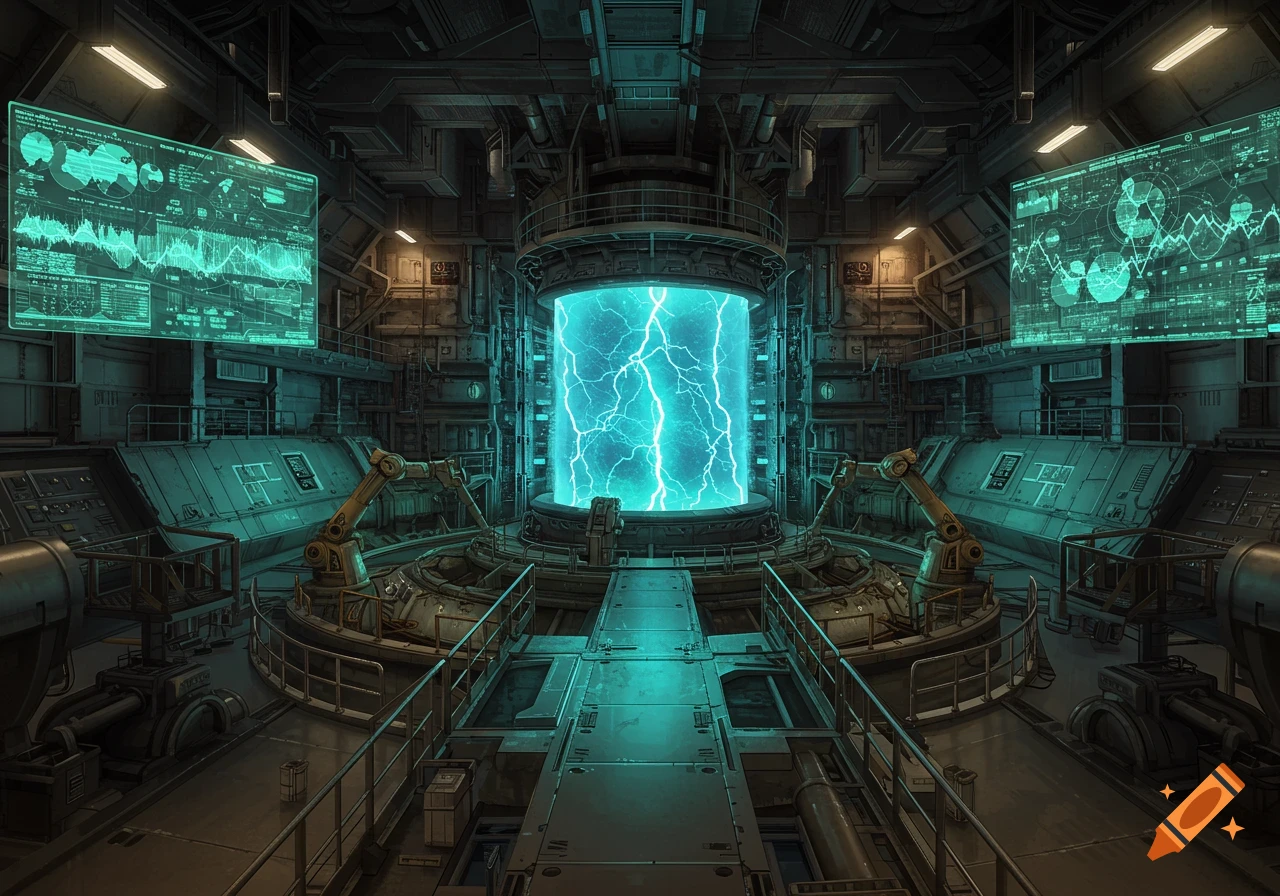 A futuristic nuclear power plant interior with a central glowing blue reactor and holographic screens displaying data.