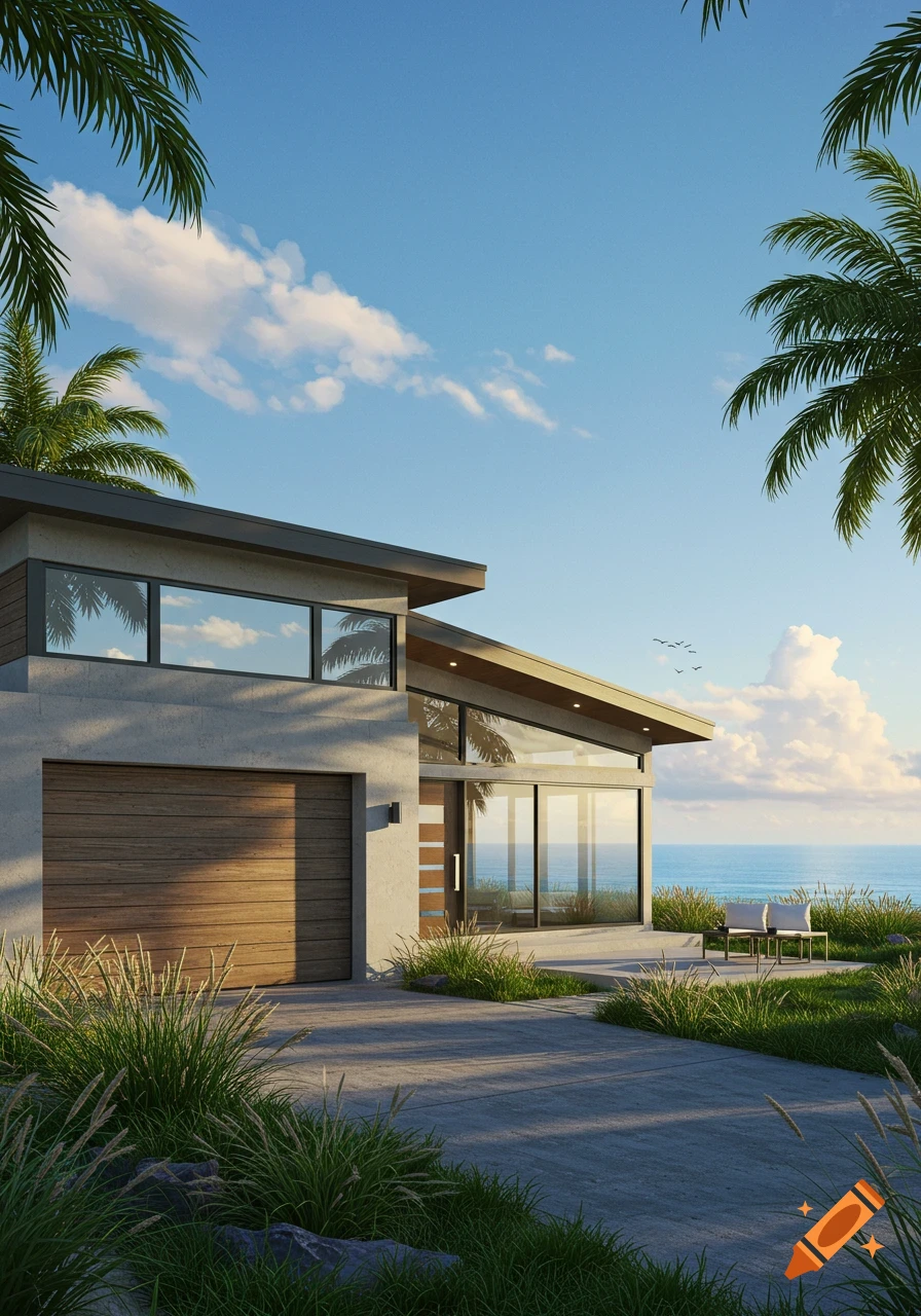 A photorealistic modern coastal house with a wooden garage door and large windows overlooking the ocean, framed by palm trees and grass.