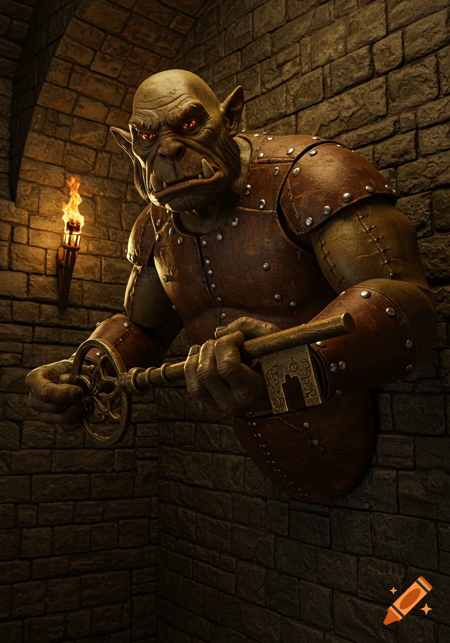 A detailed digital art image of a wall-mounted green ogre in leather armor, holding an antique brass key in a stone dungeon.