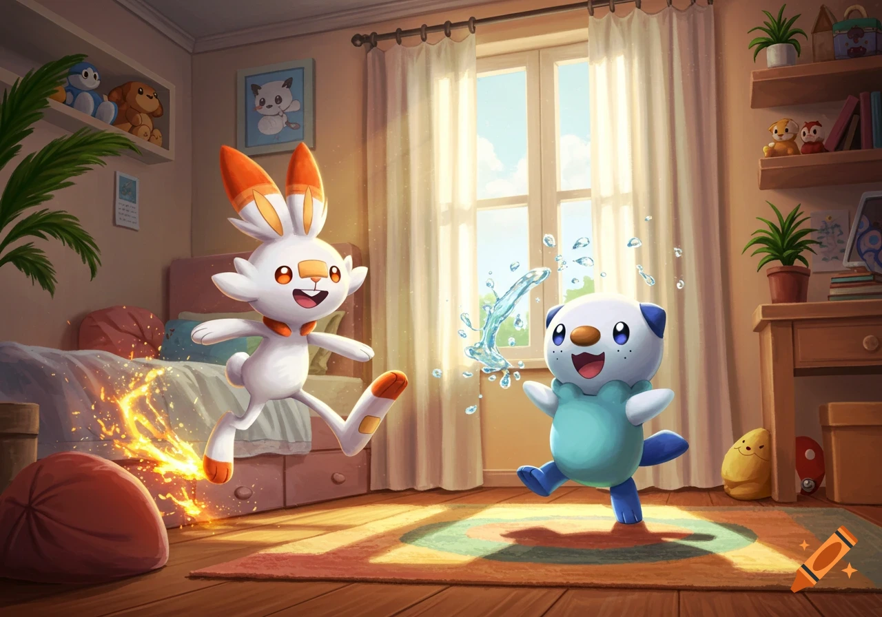 Scorbunny and Oshawott happily play in a sunlit bedroom, with Scorbunny creating sparks and Oshawott splashing water.