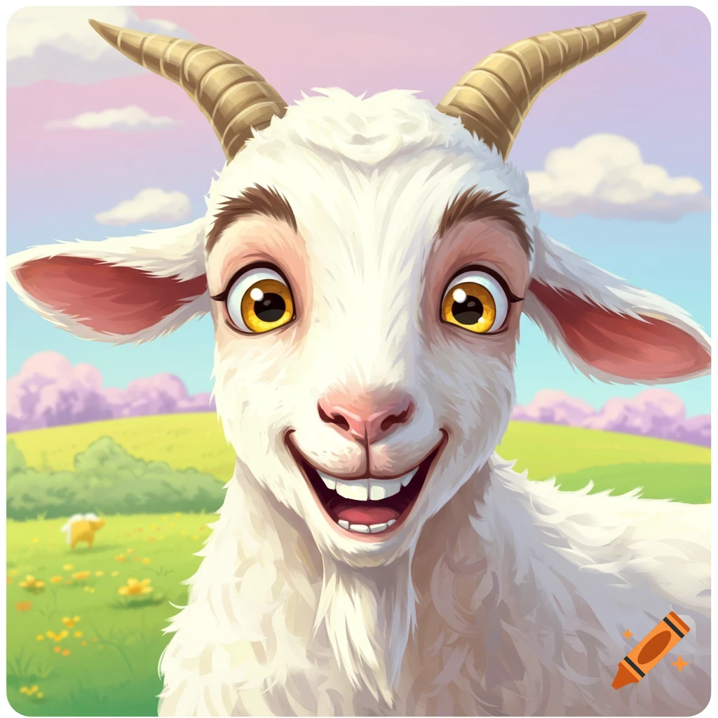 A close-up of a mischievous cartoon goat with large yellow eyes and a big smile, set against a bright, grassy field and cloudy sky.