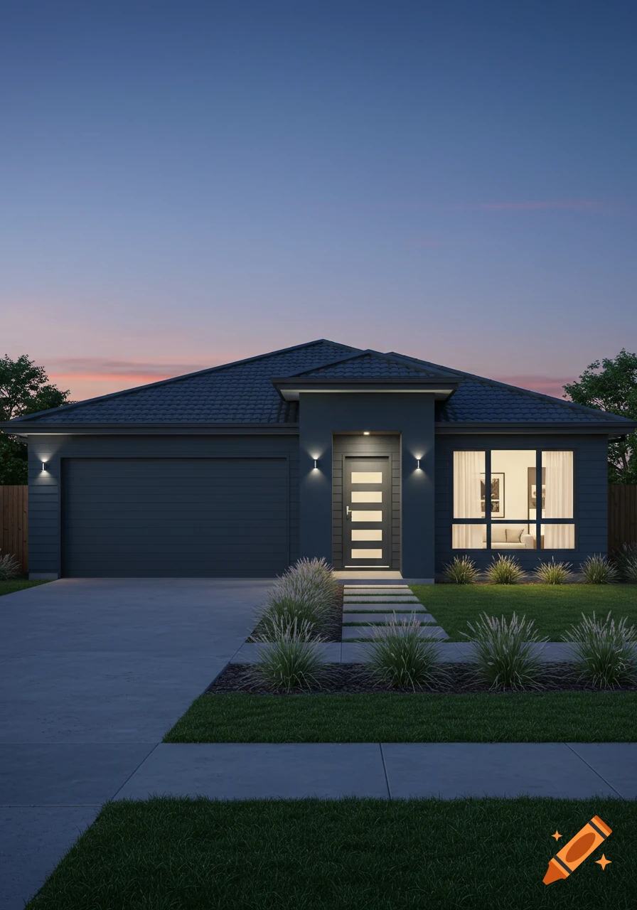 A modern, dark-colored ranch house at dusk with lit windows, a garage, front door, and a well-maintained lawn.