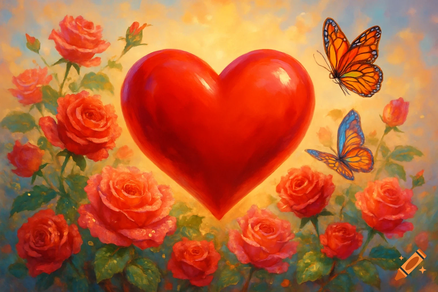 A vibrant red heart surrounded by blossoming pink roses and colorful butterflies, depicted in a painterly, artistic style.