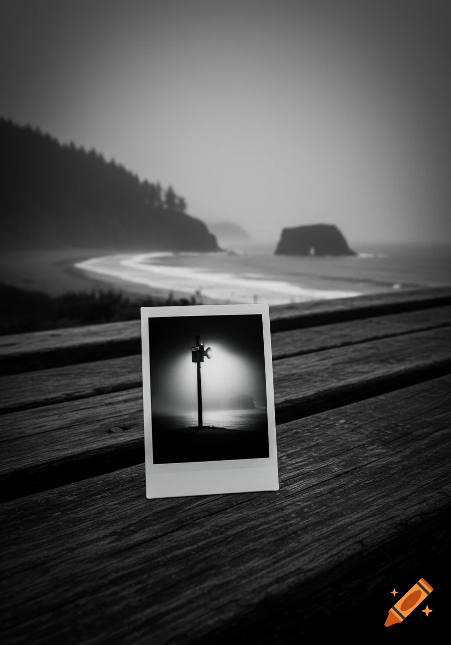 A black and white polaroid of a glowing siren in fog, on a wooden bench with a hazy coastal landscape.