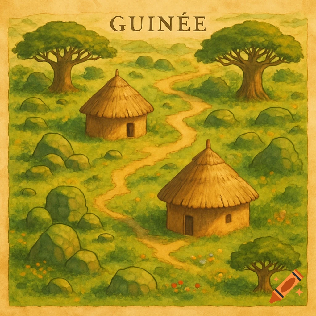 Watercolor map illustration of a green landscape with two thatched huts, winding paths, trees, and rocks, labeled 'GUINEE'.