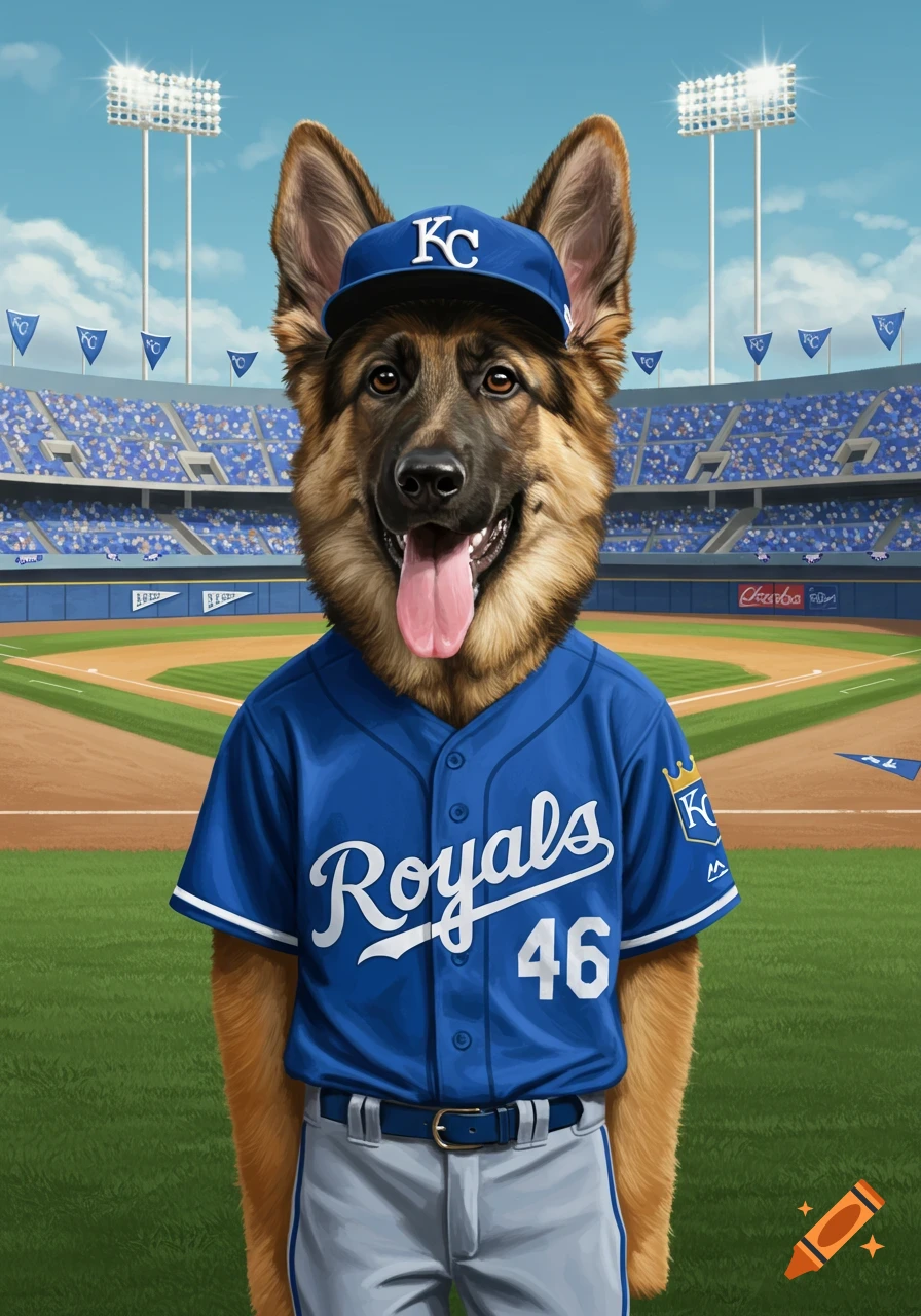 A cute German shepherd dog in a blue Kansas City Royals baseball uniform and cap stands on a baseball field.