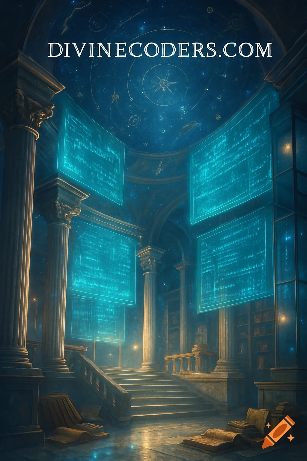 A grand, ornate library or temple with classical columns, a domed cosmic ceiling, and glowing blue holographic screens displaying illegible code, with the text DIVINECODERS.COM at the top.